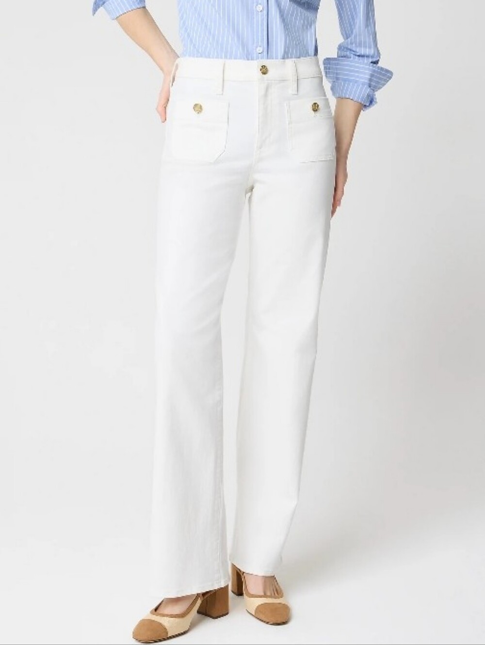 J.Crew Sailor Slim Wide Leg White Jeans Gold Button High Rise Size 29 NWOT